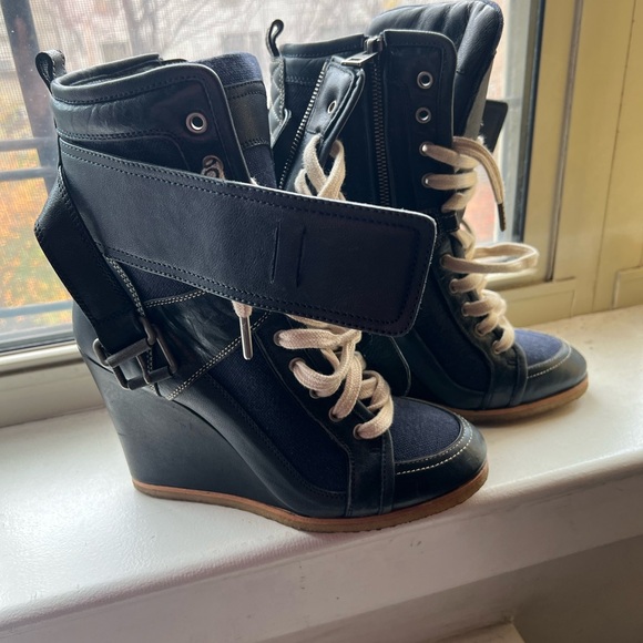 Zadig & Voltaire Spr- Sum 2019 Blue Denim and Dark Blue Leather Sneaker Wedges - Picture 8 of 13